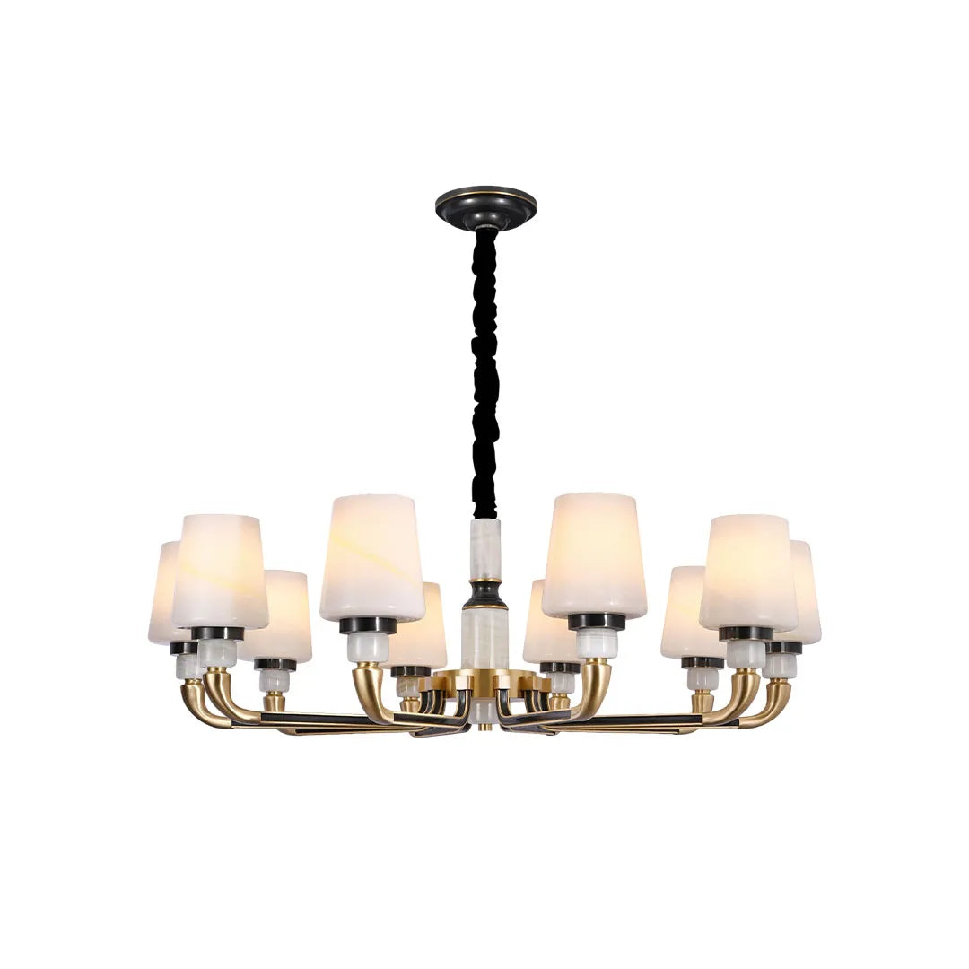 Black brass chandelier featuring multiple candle lights, curved brass arms, and elegant white shades on white background.