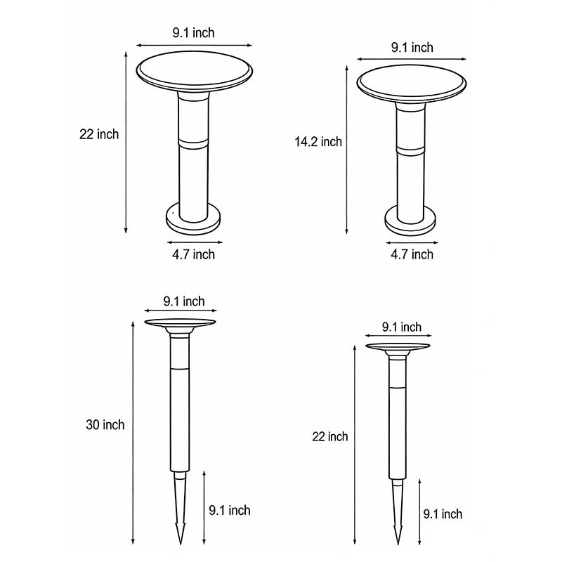 Technical diagram showing dimensions and structure of black brass path lights models.