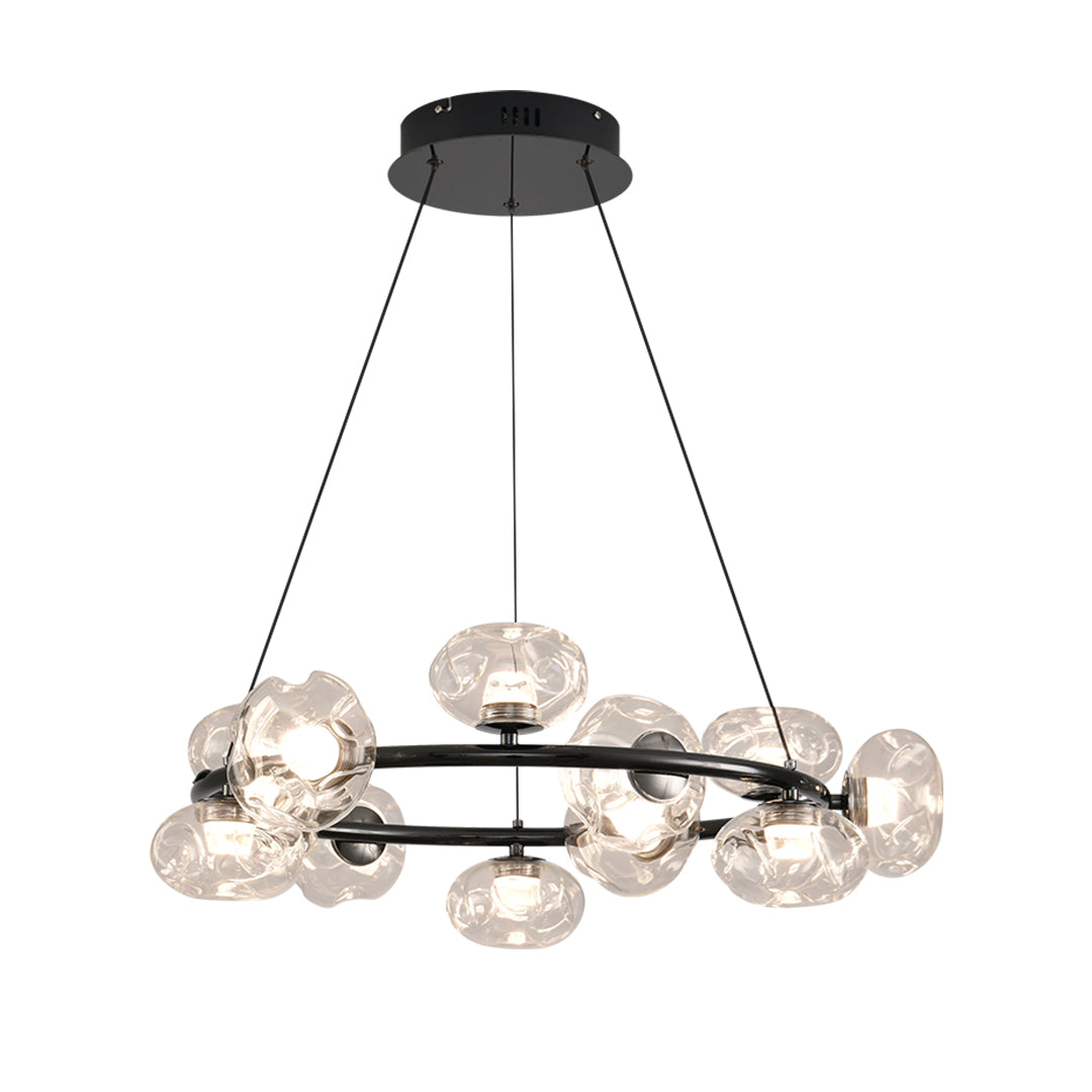 Black bubbles chandelier with suspended glass orbs creating modern pendant lighting fixture