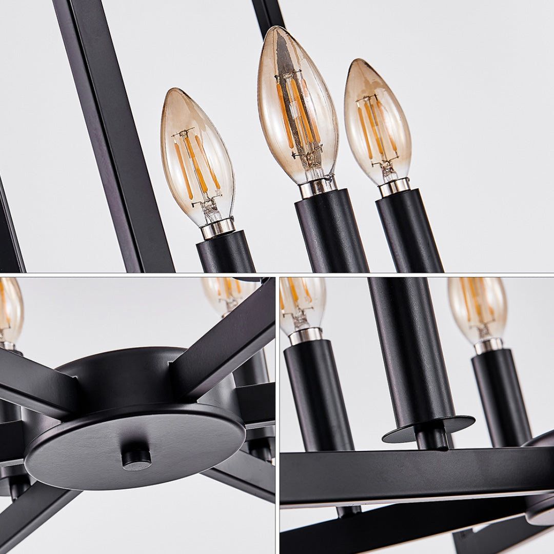 Classic black candle chandelier in a modern dining area, offering timeless and balanced illumination.