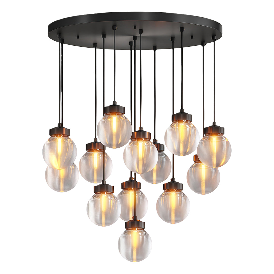 Glass semi flush mount lighting with black canopy and cascading ribbed glass globe pendants