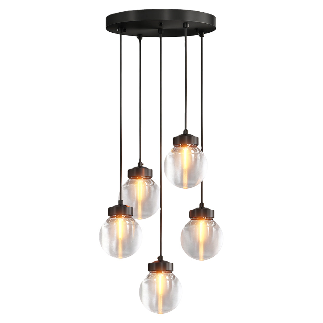 Glass semi flush mount lighting featuring black canopy with seven cascading glass globes