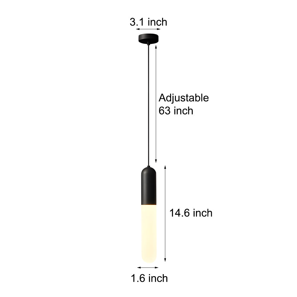 Modern black capsule pendant light dimensions with 63 inch adjustable cord and 14.6 inch body.