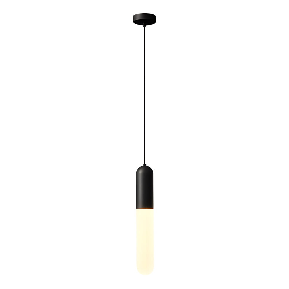 Minimalist black capsule pendant light product cutout with a glowing tube on a white background.