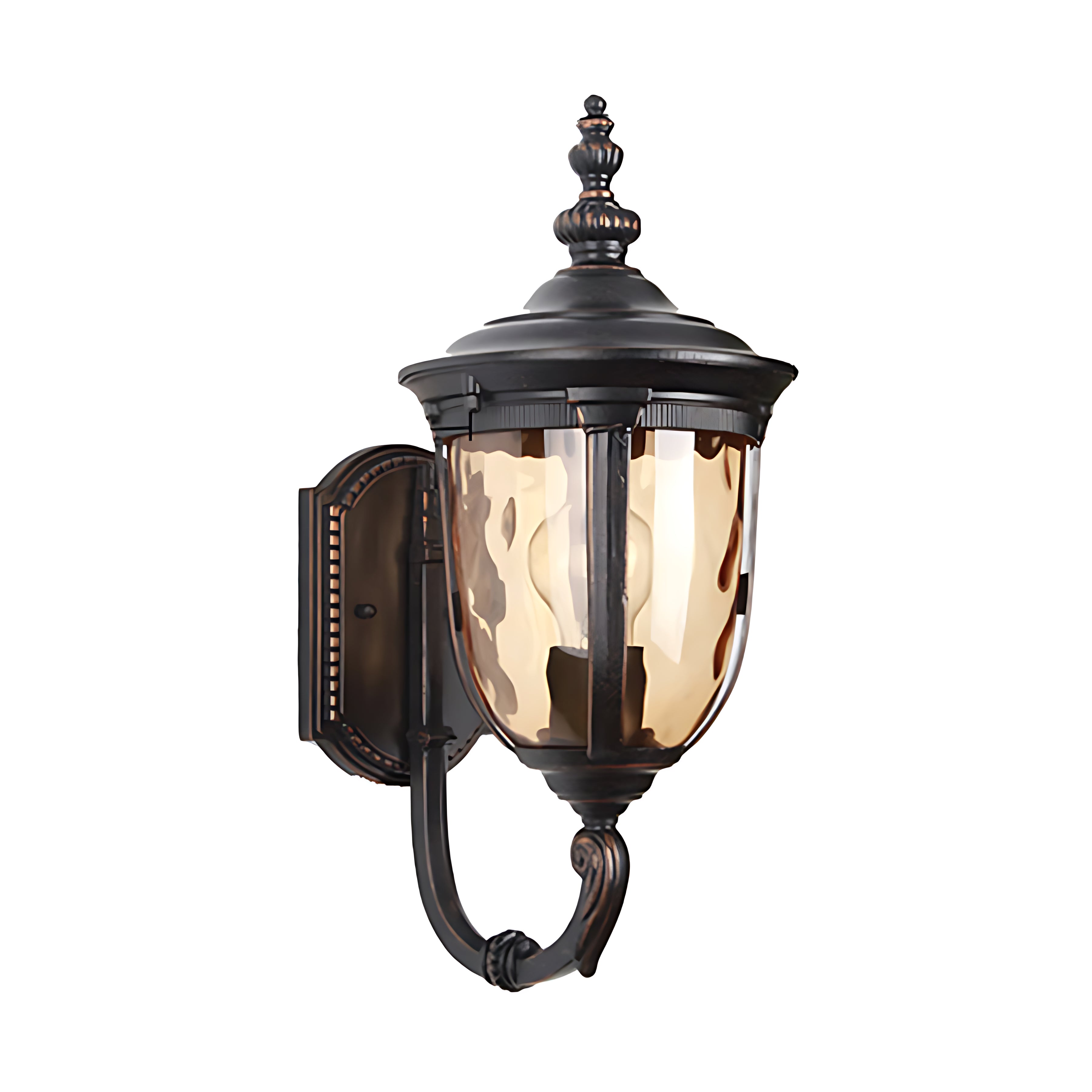 Traditional black outdoor wall lantern with amber glass and classic carriage house design
