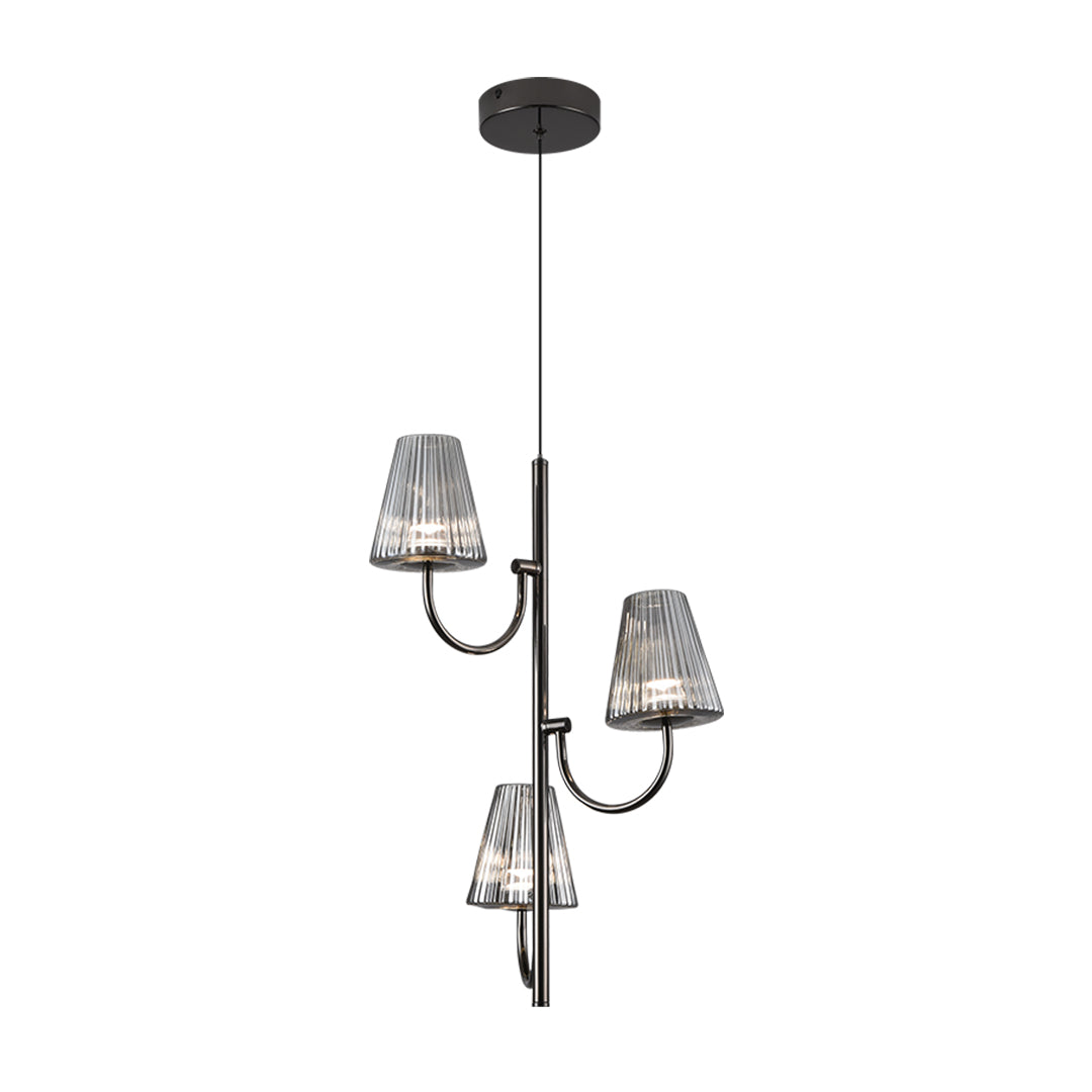Black ceiling-mounted chandelier with three pleated glass shades and curved metal arms