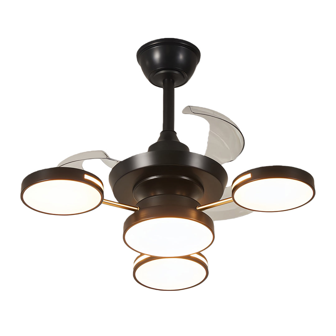 Black ceiling fans with four lights, showcasing a minimalist and functional design suitable for living rooms