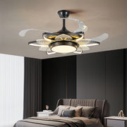 Black modern ceiling fan with light installed in luxurious bedroom with brown tones and upholstered headboard