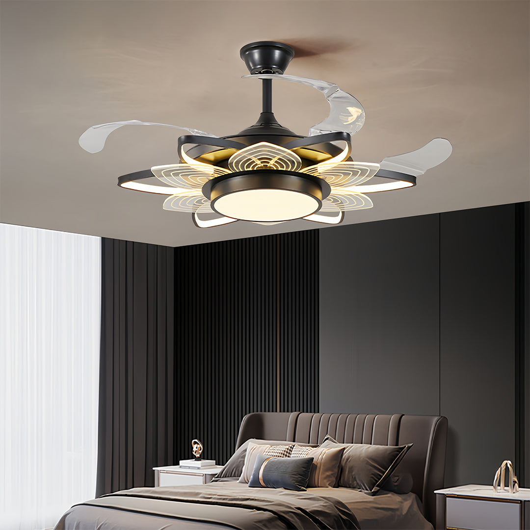 Black modern ceiling fan with light installed in luxurious bedroom with brown tones and upholstered headboard