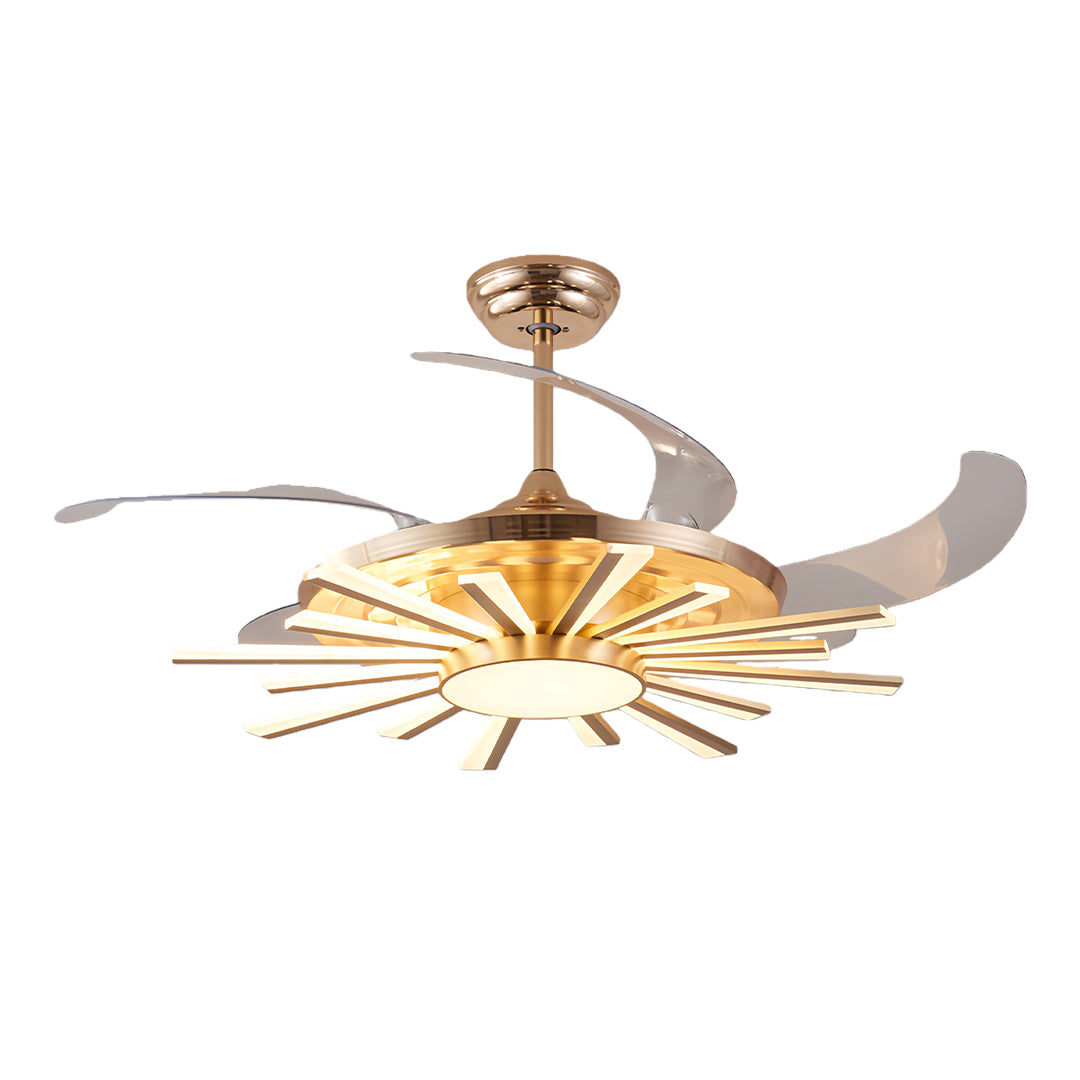 Black modern ceiling fan with light installed in luxurious bedroom with brown tones and upholstered headboard