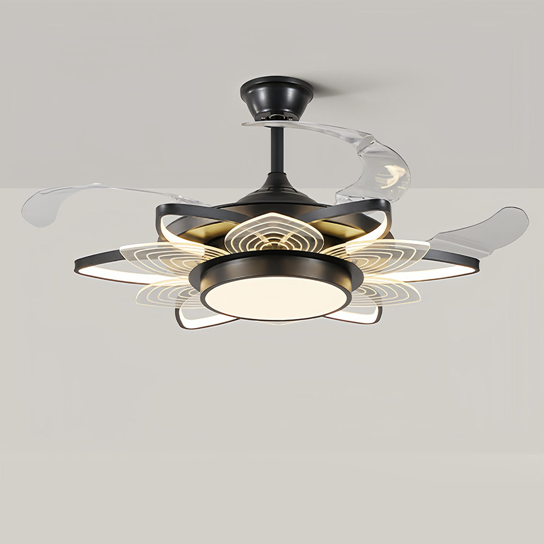 Black modern ceiling fan with light enhancing contemporary bedroom with grey walls and platform bed