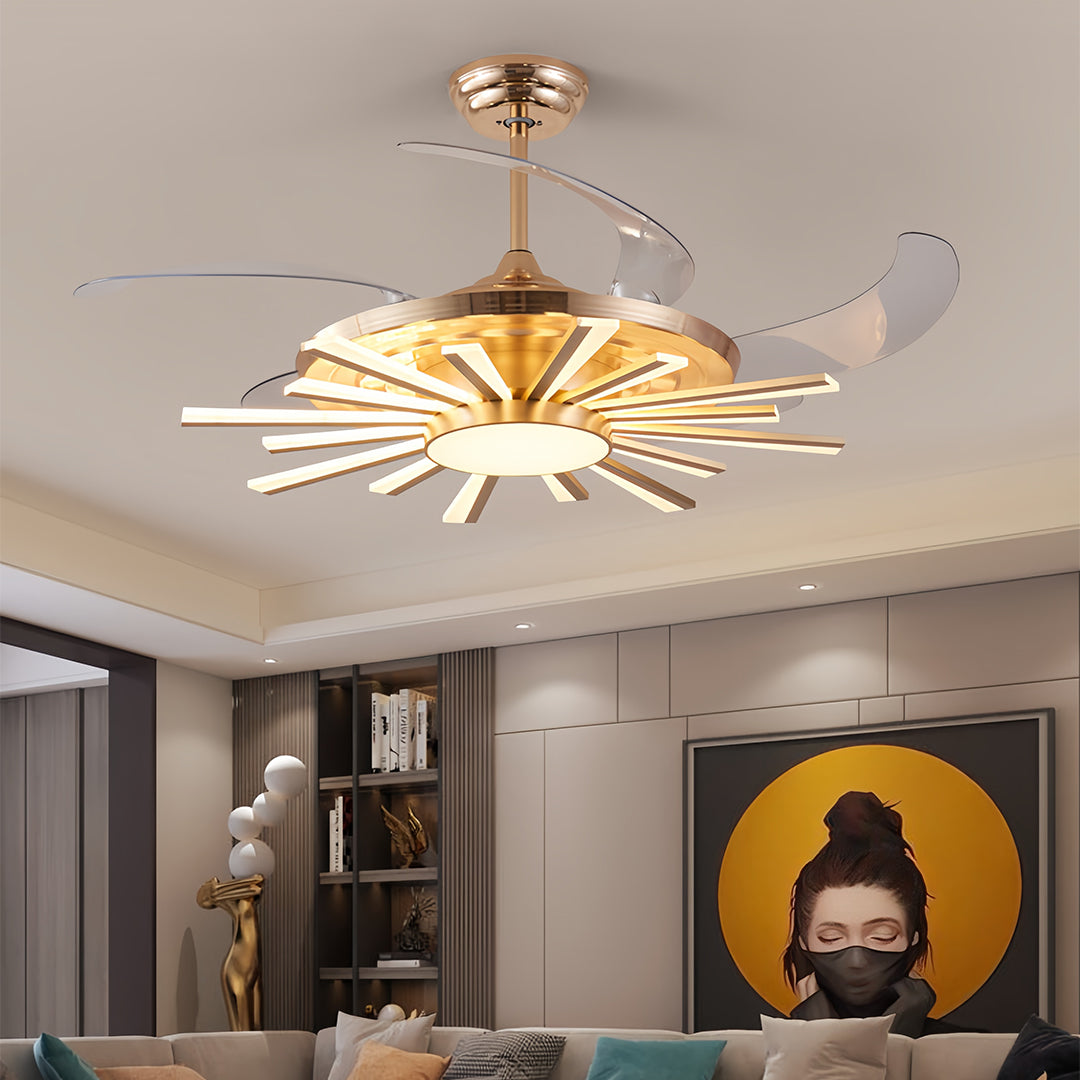 Black modern ceiling fan with light enhancing contemporary bedroom with grey walls and platform bed