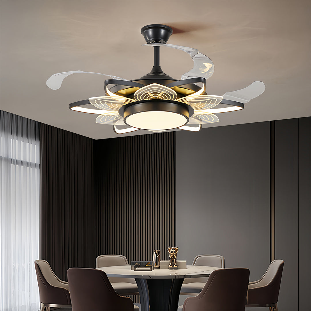 Black modern ceiling fan with light illuminating contemporary dining room with dark curtains and round table