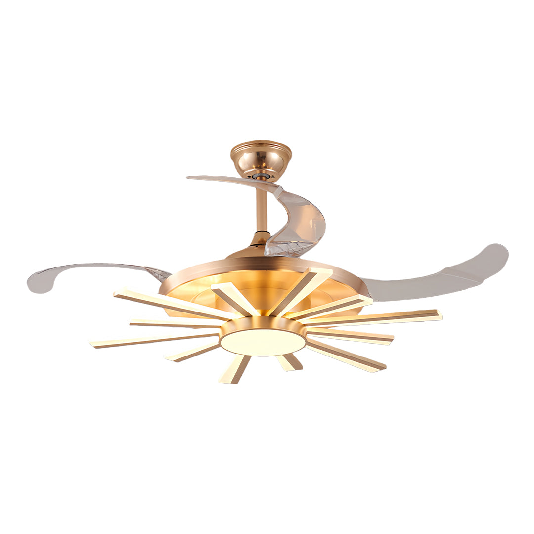 Black modern ceiling fan with light illuminating contemporary dining room with dark curtains and round table