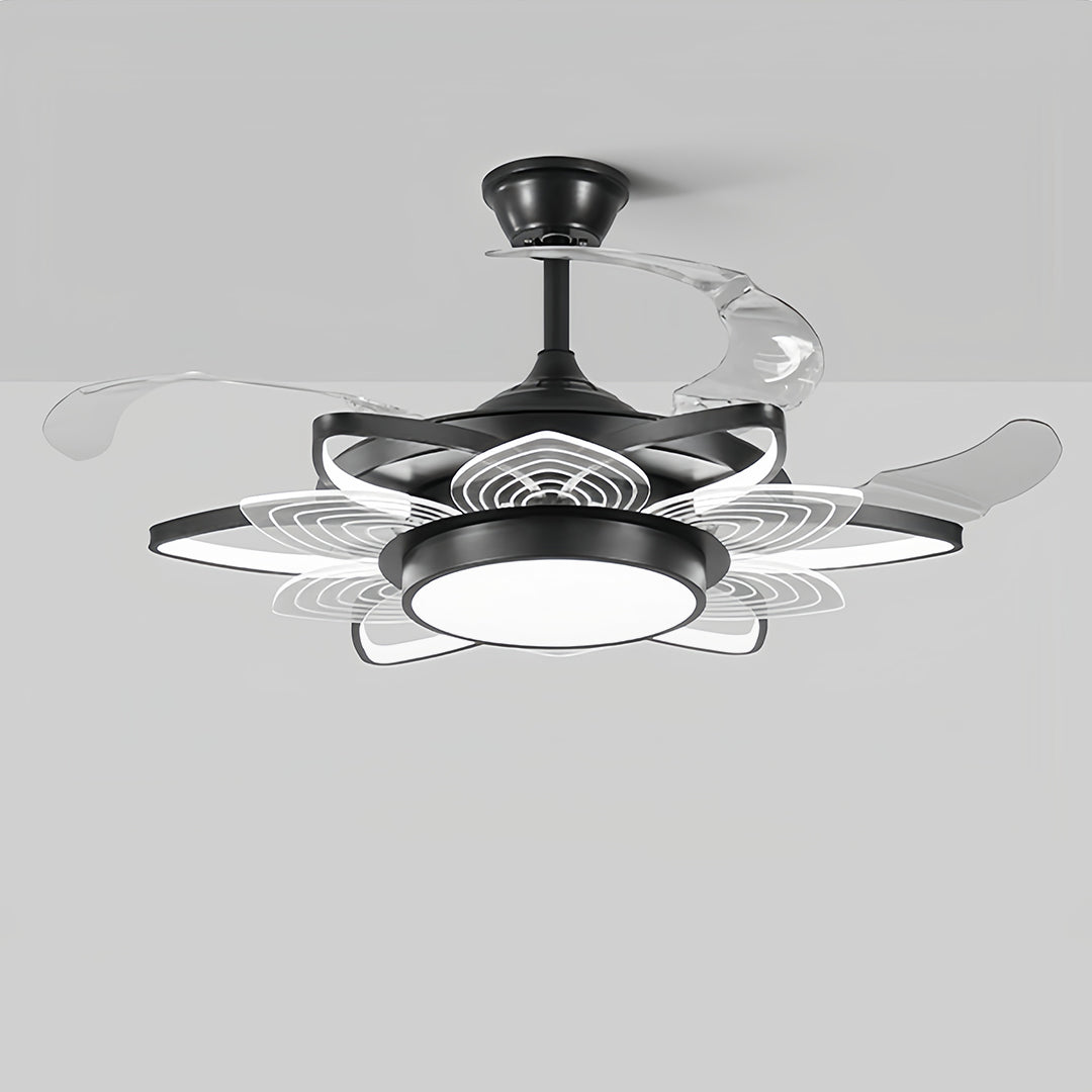 Black modern ceiling fan with light providing illumination in modern bedroom with textured headboard