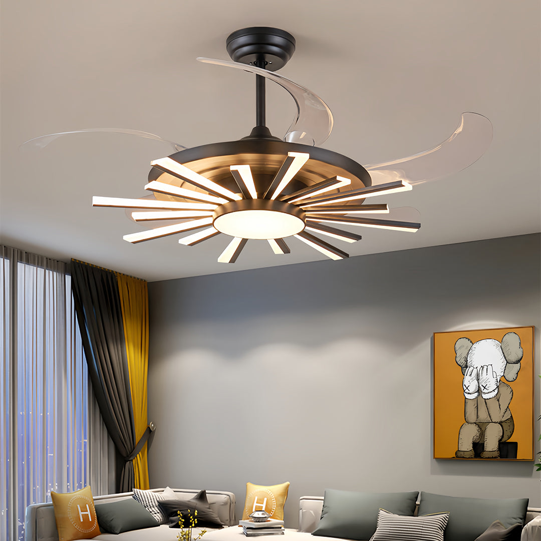 Black modern ceiling fan with light providing illumination in modern bedroom with textured headboard