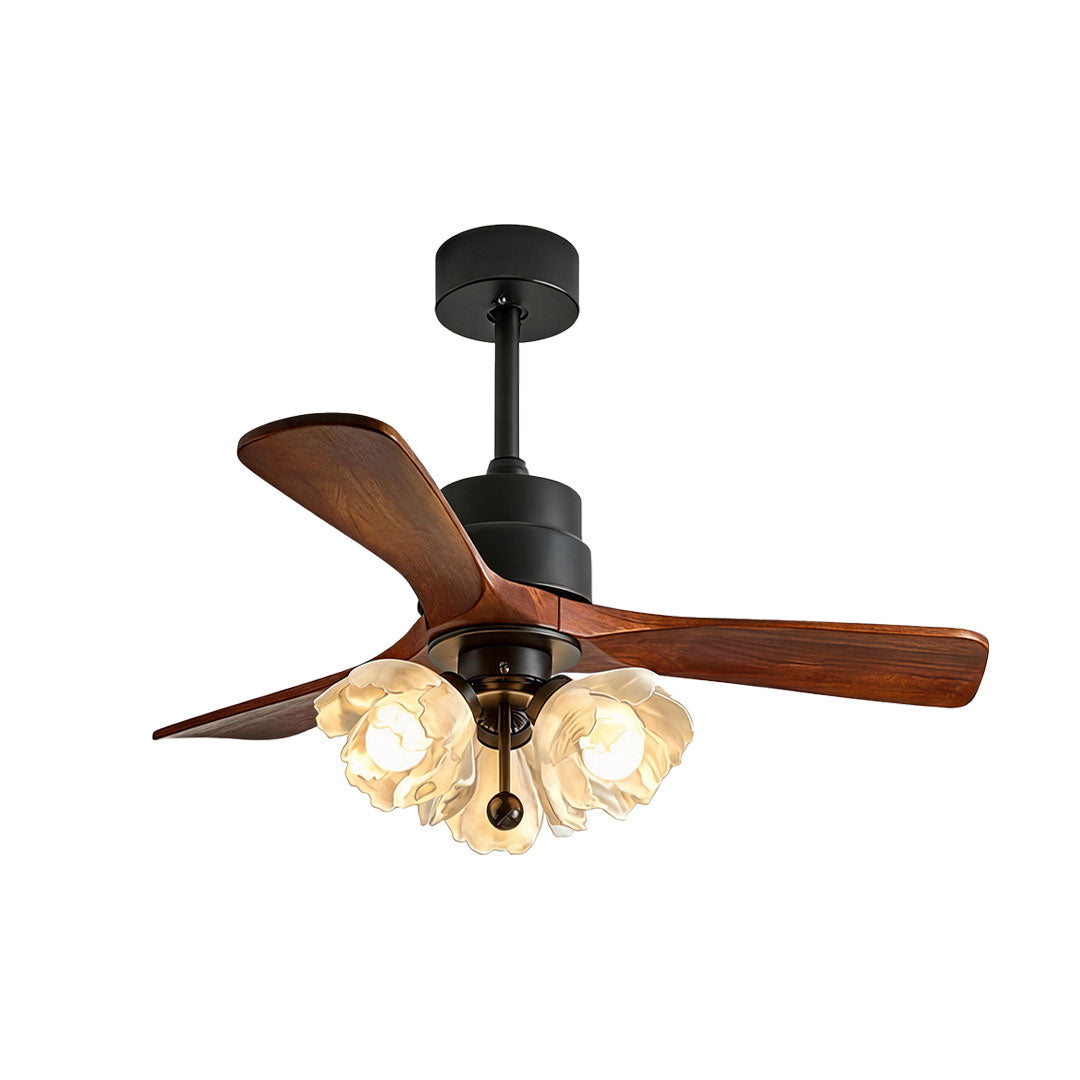 Ceiling fan with LED lighting featuring dark wood blades, black hardware, and decorative flower-shaped glass shades.