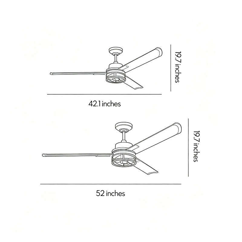 Black ceiling fan with lighting dimension drawing showing 42-inch and 52-inch blade span options.