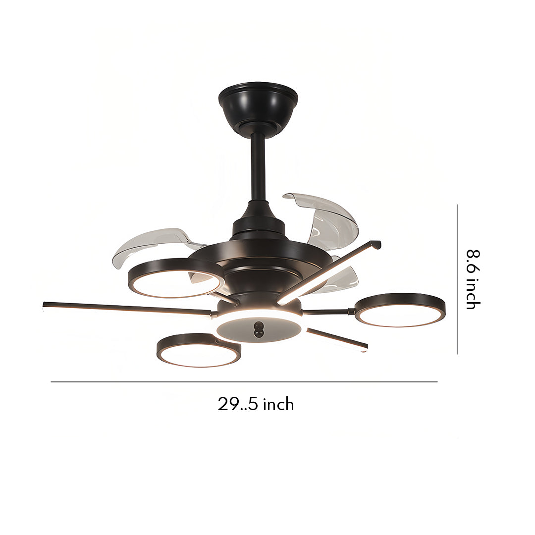 Sleek black ceiling fans with multiple lights featuring a contemporary design and three curved blades