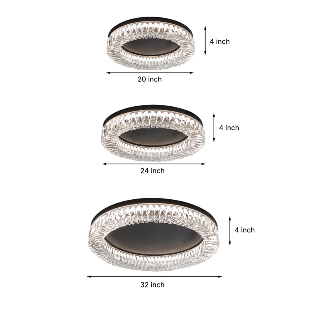 Black ceiling flush mount light showing three size options with crystal accents and dimension measurements on white background.