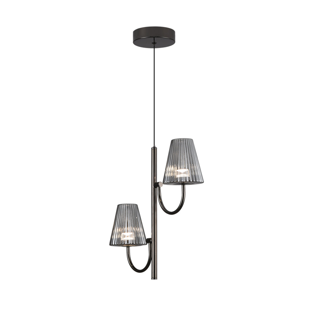 Black ceiling-mounted minimalist-pendant light with three pleated glass shades and curved metal arms