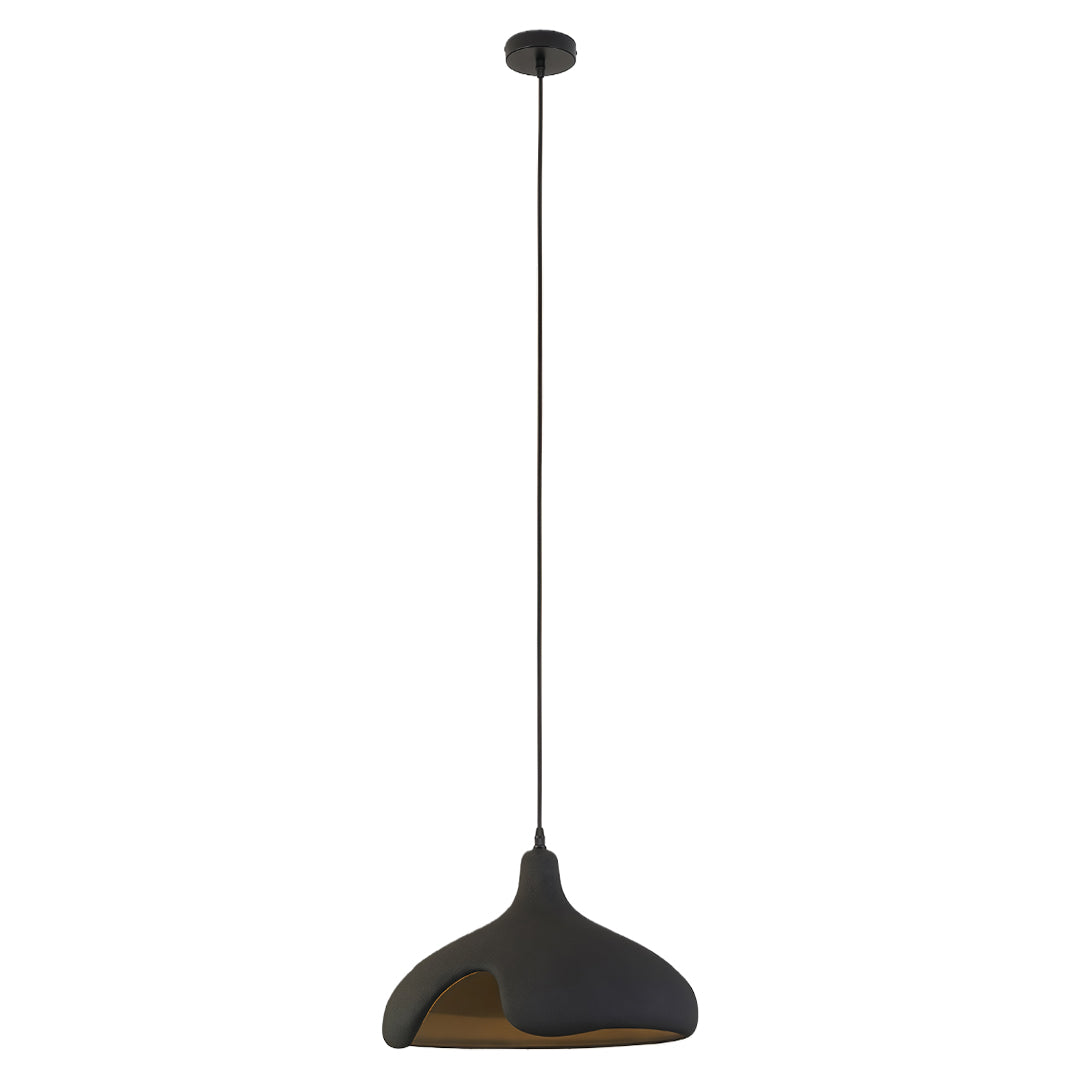 Black Cement Pendant Light with rough industrial texture and warm golden interior.