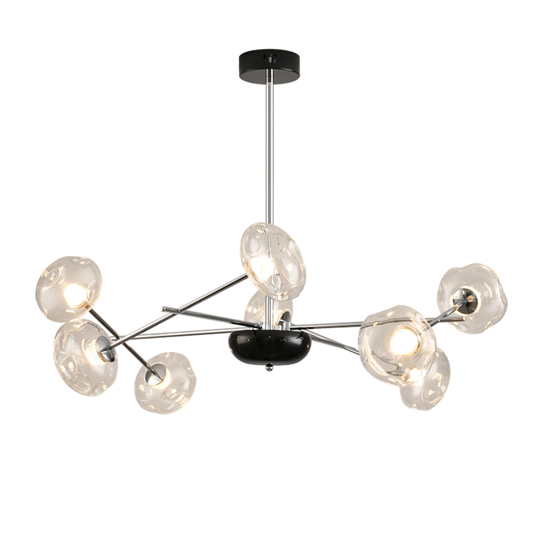Modern LED chandelier lights with black center and multiple glass spheres extending in artistic branch pattern
