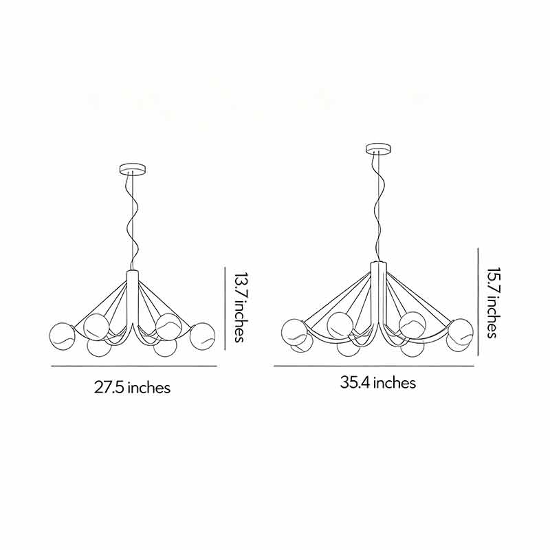 Technical drawing of black modern chandelier showing dimensions and overall structure.