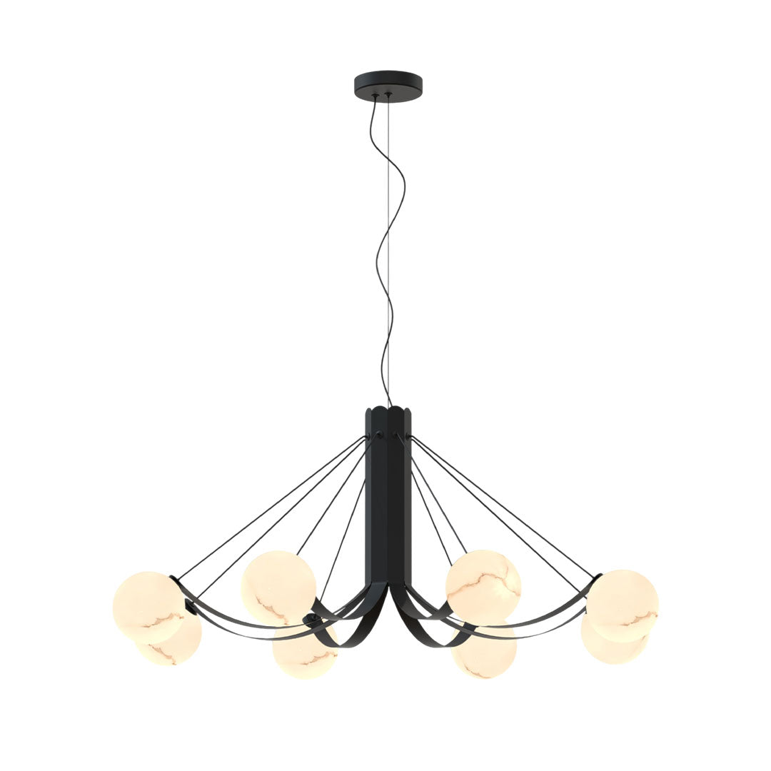Alternative configuration of black chandelier with extended arms and evenly spaced globe lights.