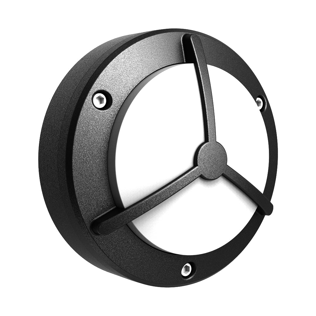 Black circular waterproof outdoor wall lighting with three-spoke design and mounting hardware visible