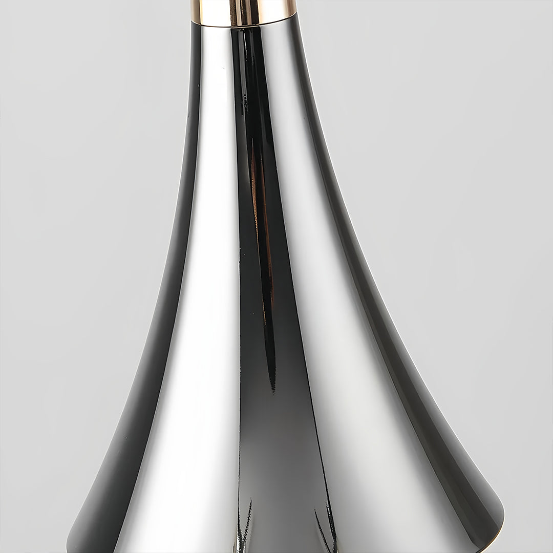 Close-up view of glossy black cone pendant lights body with smooth metallic finish.