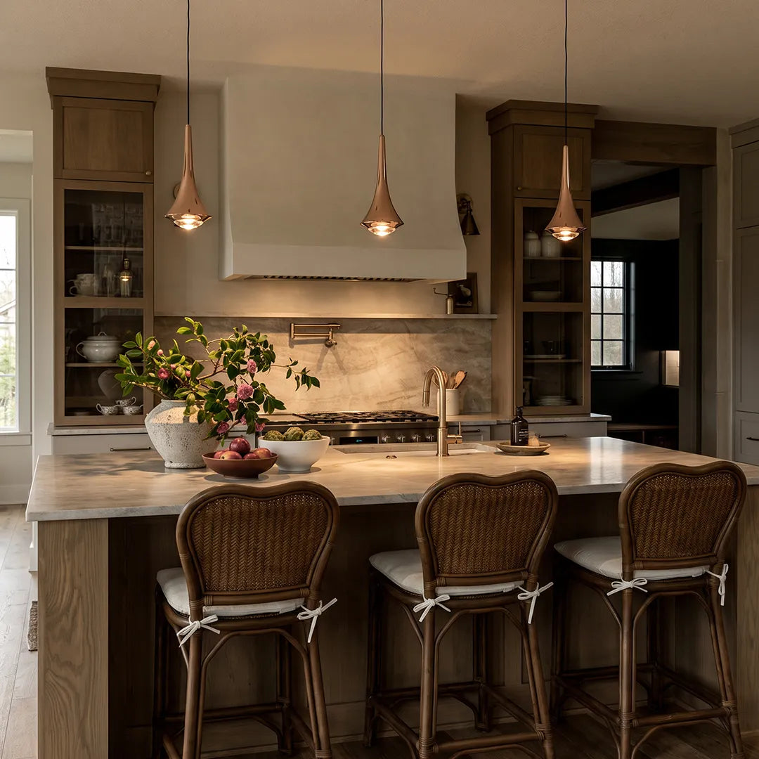 Black cone pendant lights hanging above a kitchen island with warm ambient lighting and a modern farmhouse interior.