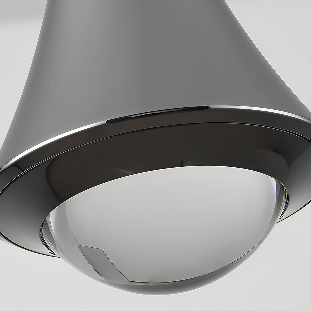 Detailed underside view of black cone pendant lights showing integrated LED diffuser.