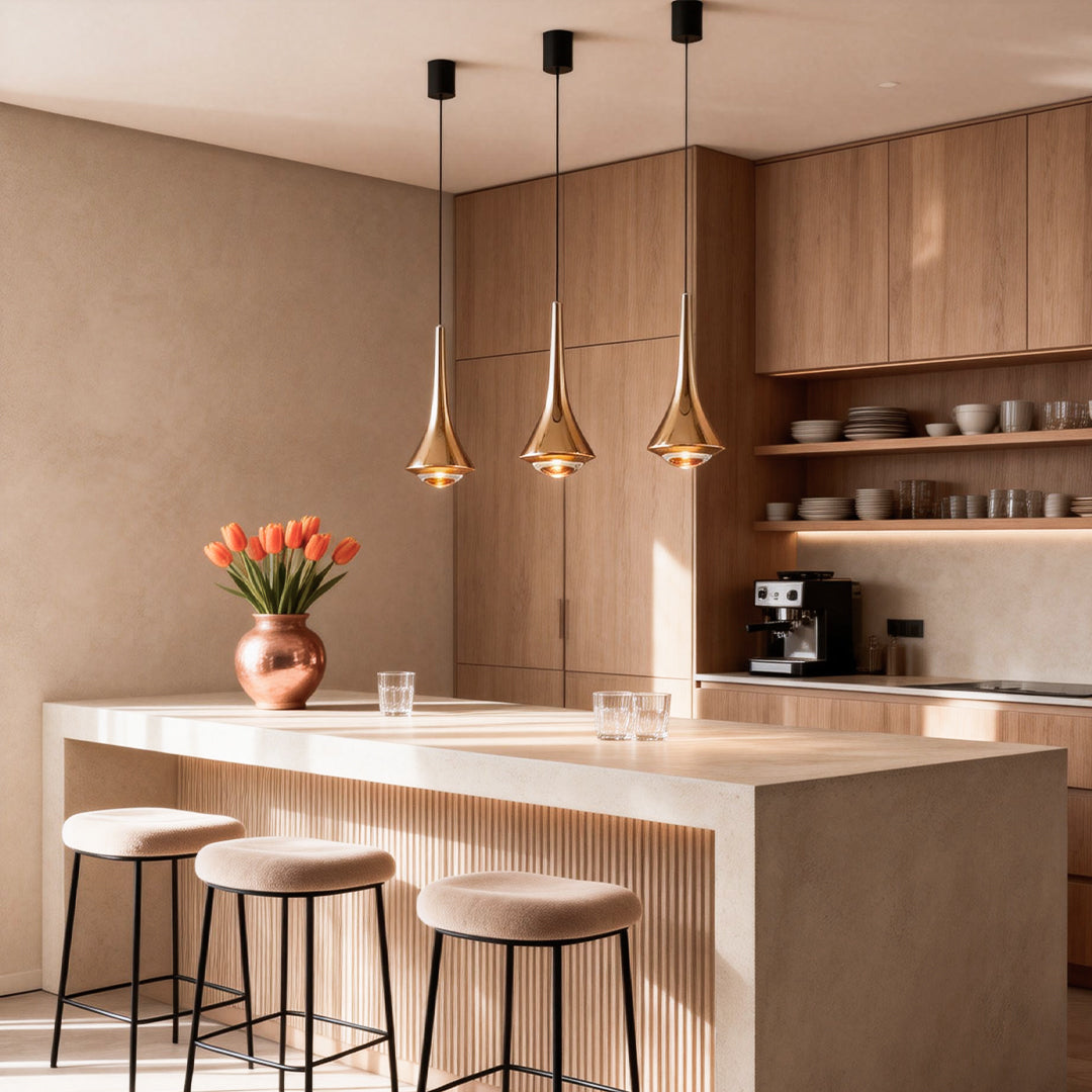 Black cone pendant lights installed above a modern kitchen island with warm ambient lighting.