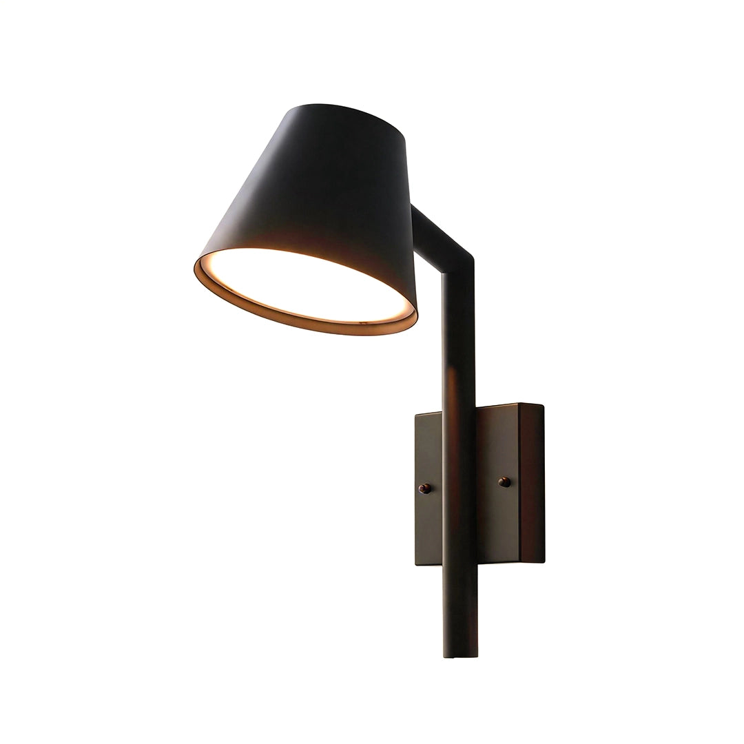 Black cone wall sconce with a downward-facing shade and slim geometric arm for modern exterior lighting.