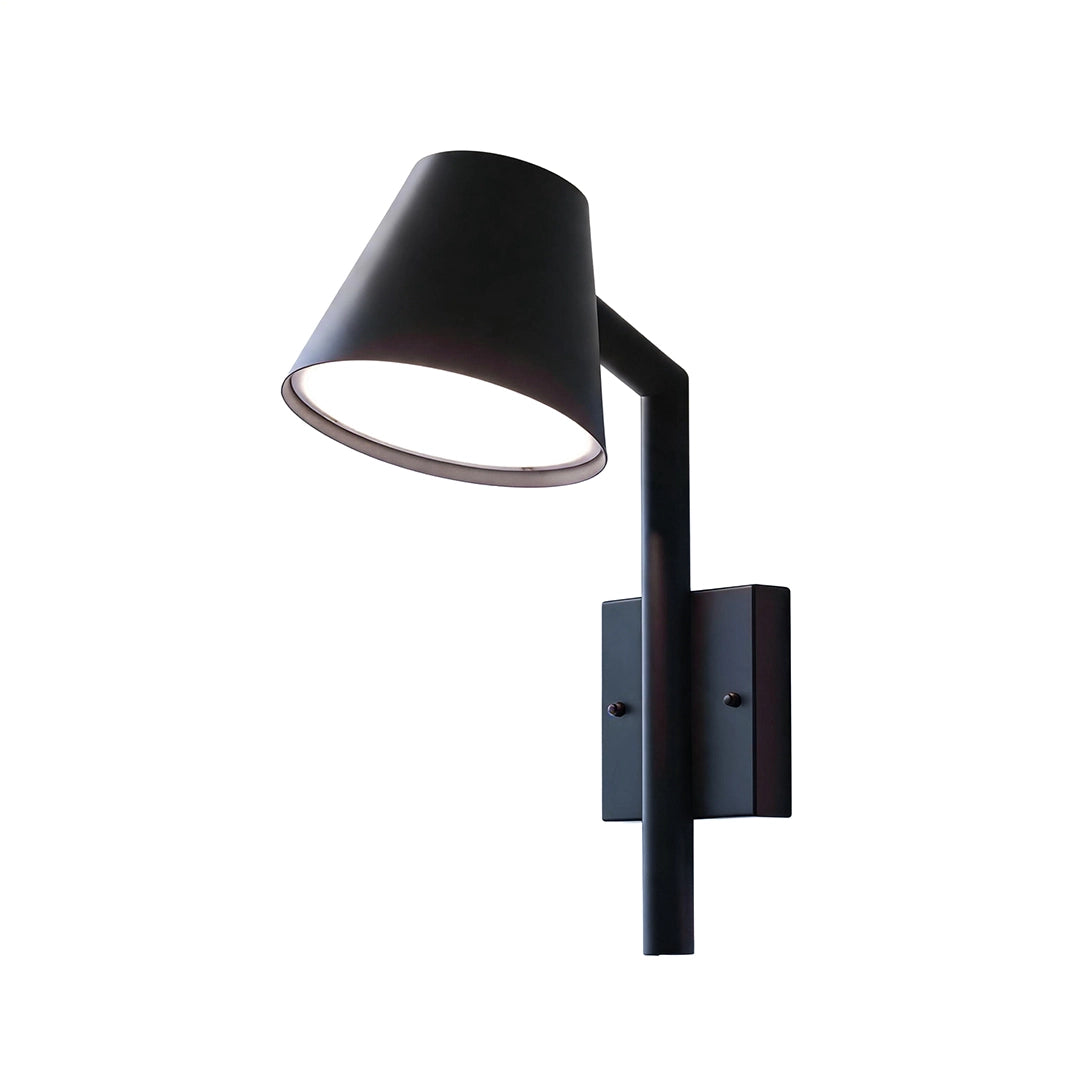 Black cone wall sconce featuring a minimalist dark finish and wide angled shade with integrated lighting.