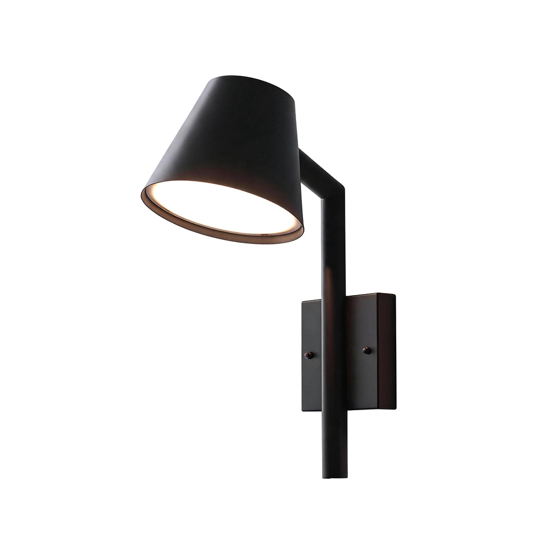 Black cone wall sconce with a sleek vertical arm and warm downward light for contemporary outdoor spaces.