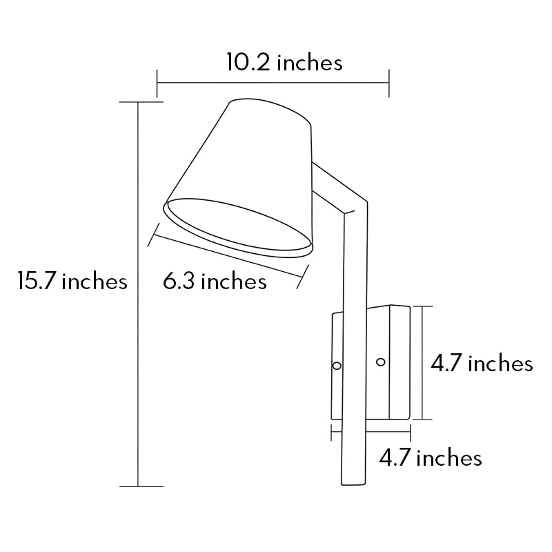 Black cone wall sconce dimension guide showing the fixture height, shade width, and wall mounting measurements.