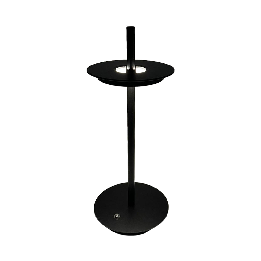 Contemporary dimmable table lamp featuring black finish with elegant vertical stem and circular base