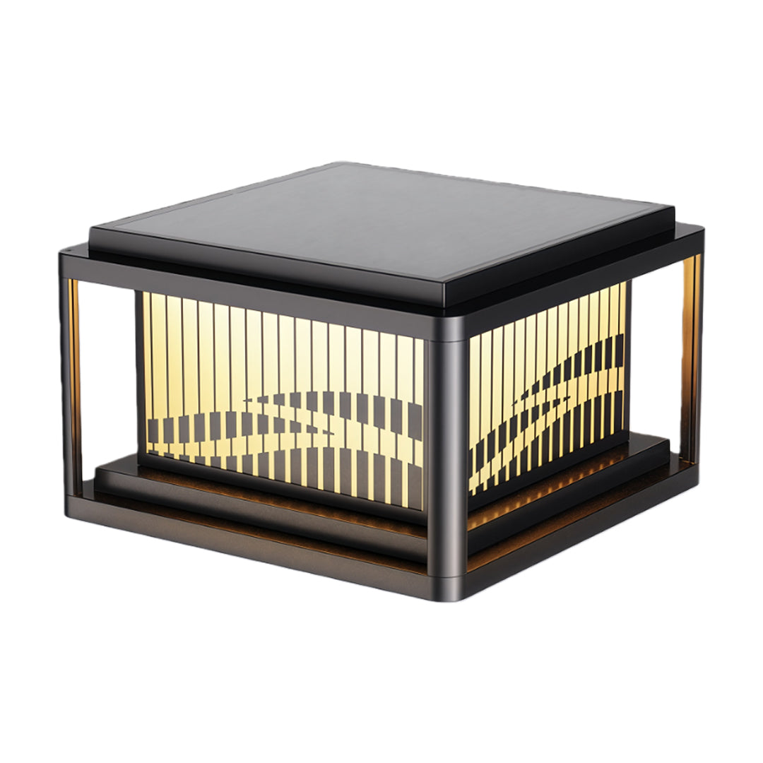 Black contemporary pillar light with geometric lattice design and warm LED illumination shown from front angle.