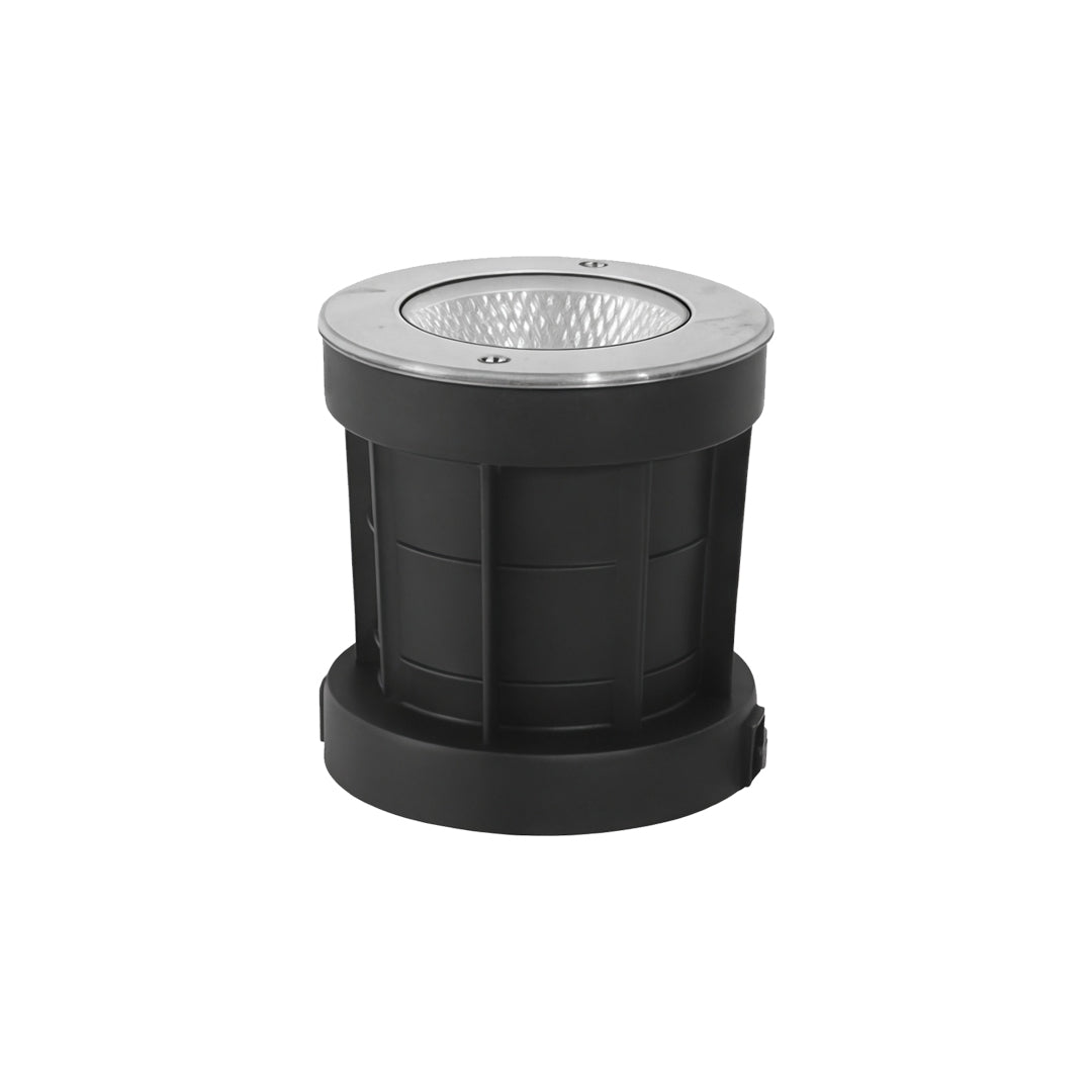 Black cylindrical inground light featuring a textured top cover suitable for exterior pathways.