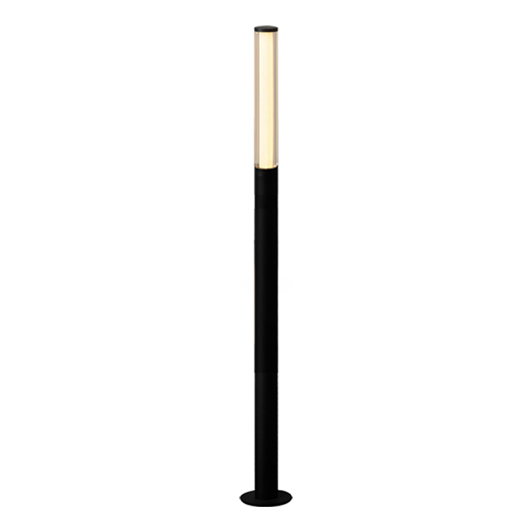 Black outdoor led bollard garden light featuring a narrow cylindrical pole and warm diffused top.