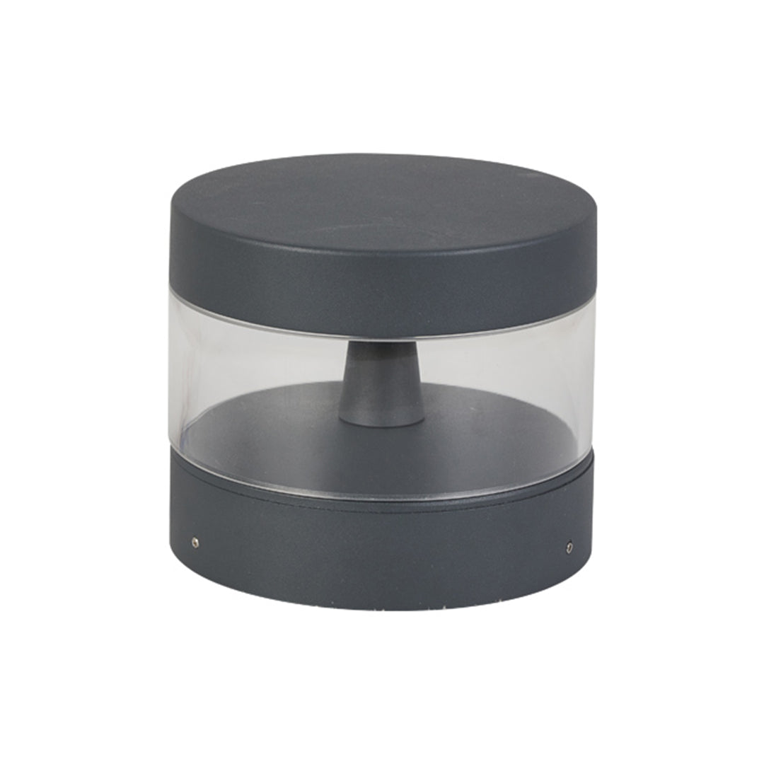 Modern black cylindrical contemporary path light with horizontal warm light strip for elegant outdoor illumination