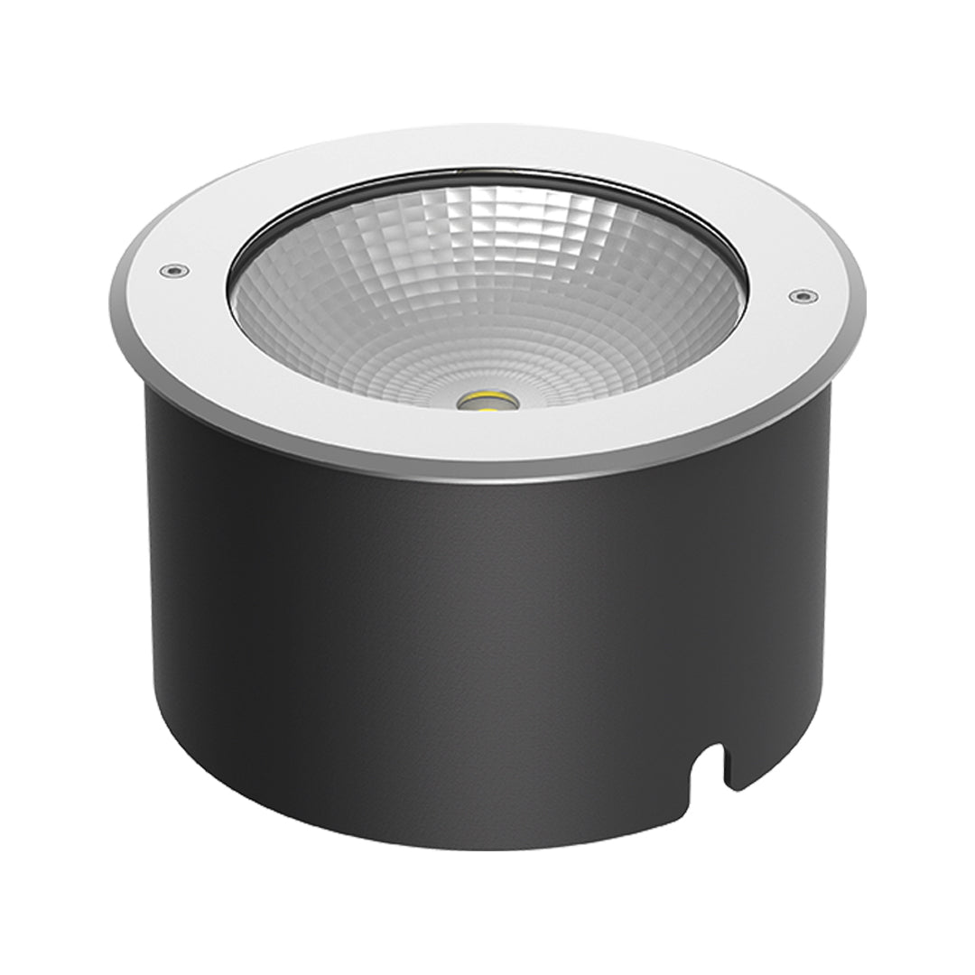 Black cylindrical in-ground light fixture with silver rim and recessed LED housing design