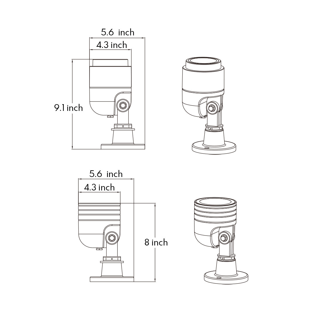 Modern black cylindrical outdoor spotlight fixture with adjustable mounting base for landscape lighting