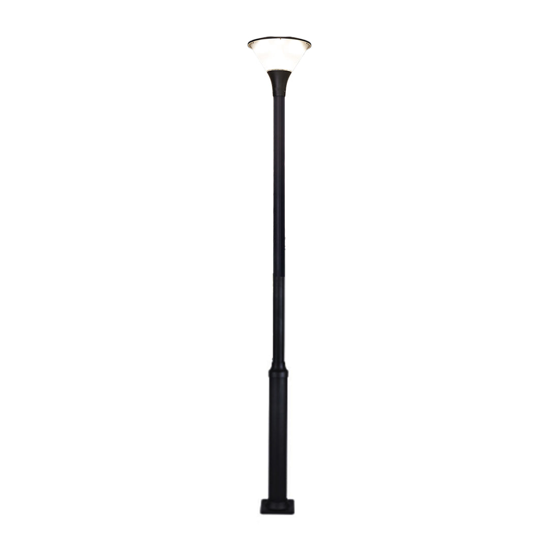 Black decorative street lamp with white globe top and traditional pole design