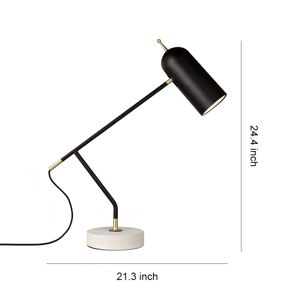 Black desk lamps with adjustable arm and marble base showing technical dimensions
