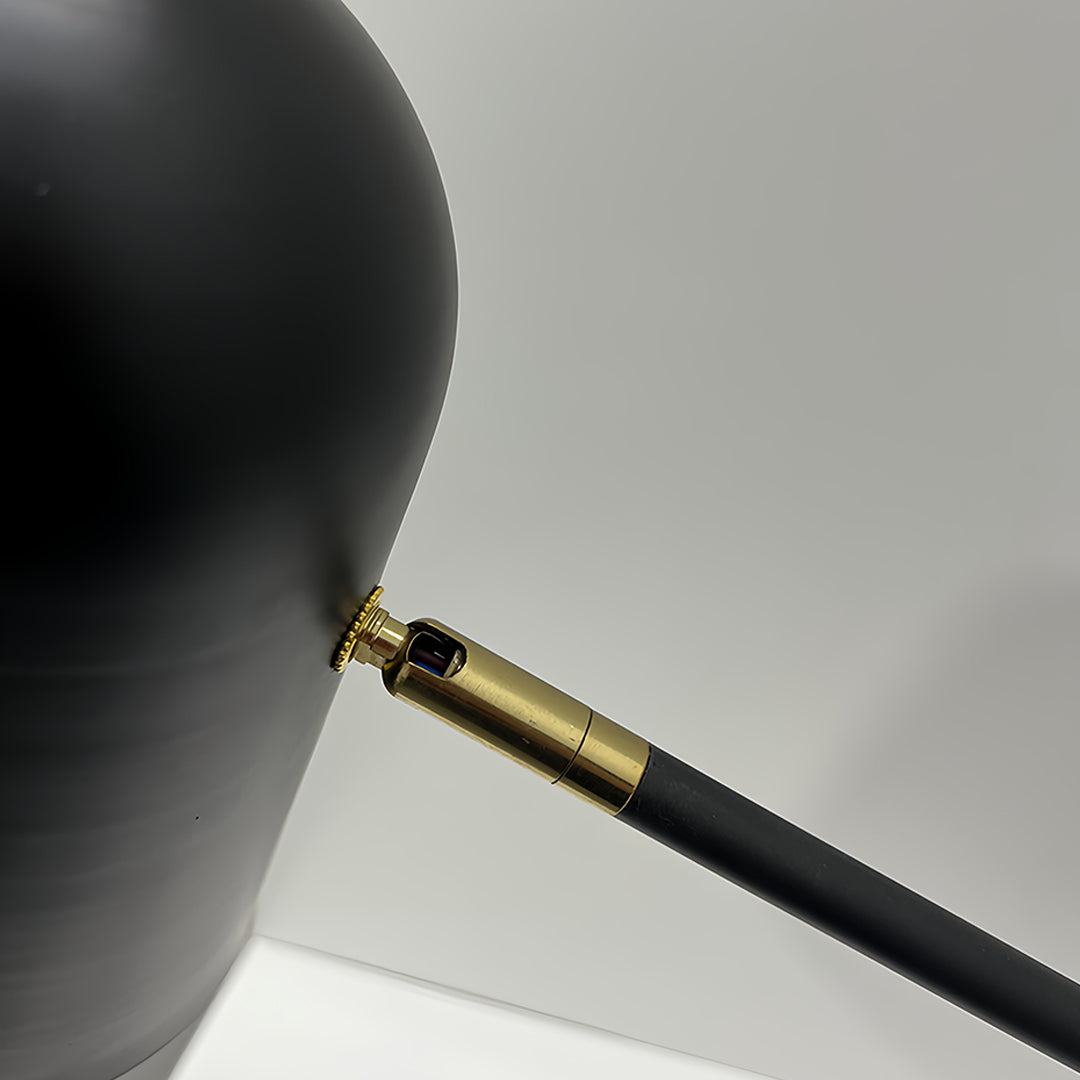 Black desk lamps arm joint showing brass hardware and smooth adjustment mechanism