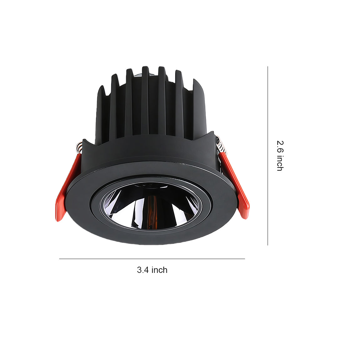 Dimension guide for the black directional recessed downlight, showing a 3.4-inch width and 2.6-inch height.