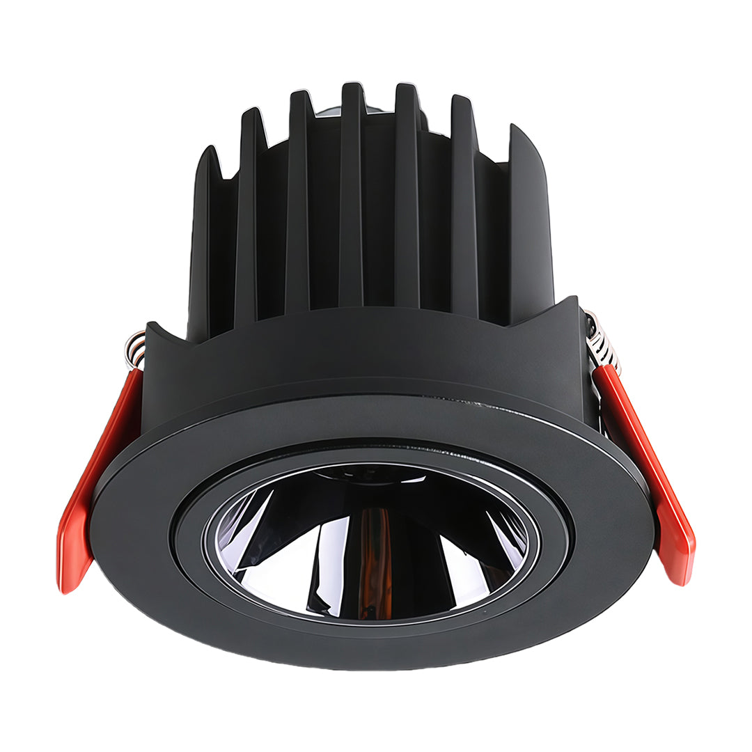 Black directional recessed downlight product photo with a tilting mechanism and large heat sink, isolated on white.